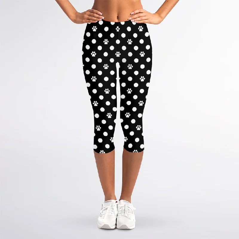 Black And White Paw And Polka Dot Print Women's Capri Leggings Fashionable Printed Leggings Black And White Paw And Polka Dot Print Women's Capri Leggings Fashionable Printed Leggings
