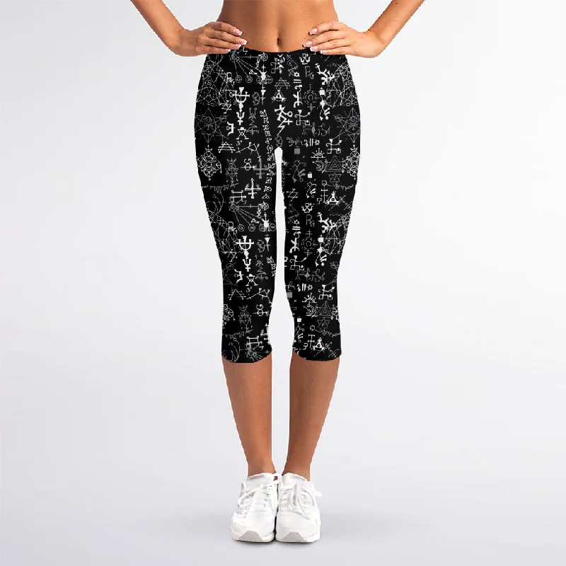 Black And White Mystic Wicca Print Women's Capri Leggings Stylish Printed Stretch Leggings Black And White Mystic Wicca Print Women's Capri Leggings Stylish Printed Stretch Leggings