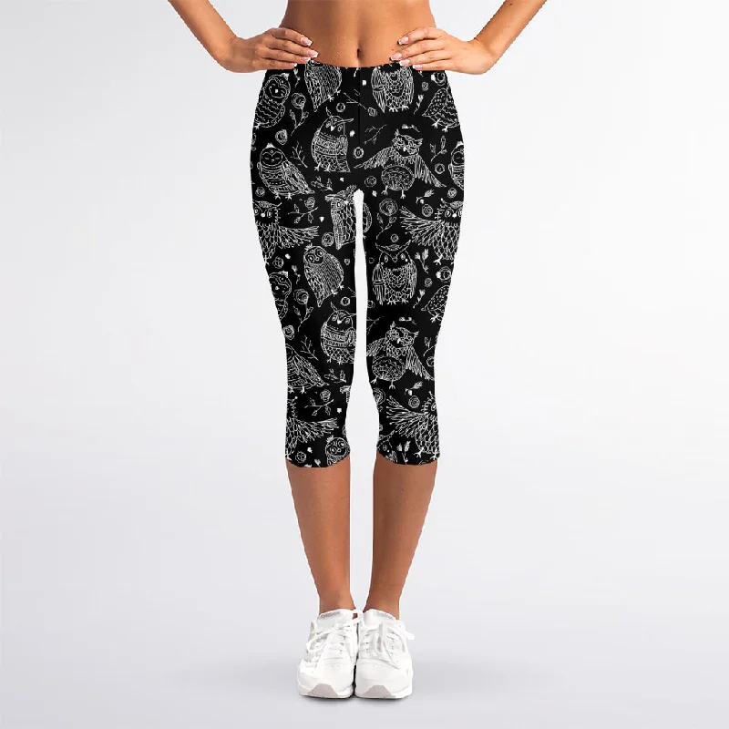 Black And White Owl Pattern Print Women's Capri Leggings Comfortable Wide-Band Leggings Black And White Owl Pattern Print Women's Capri Leggings Comfortable Wide-Band Leggings