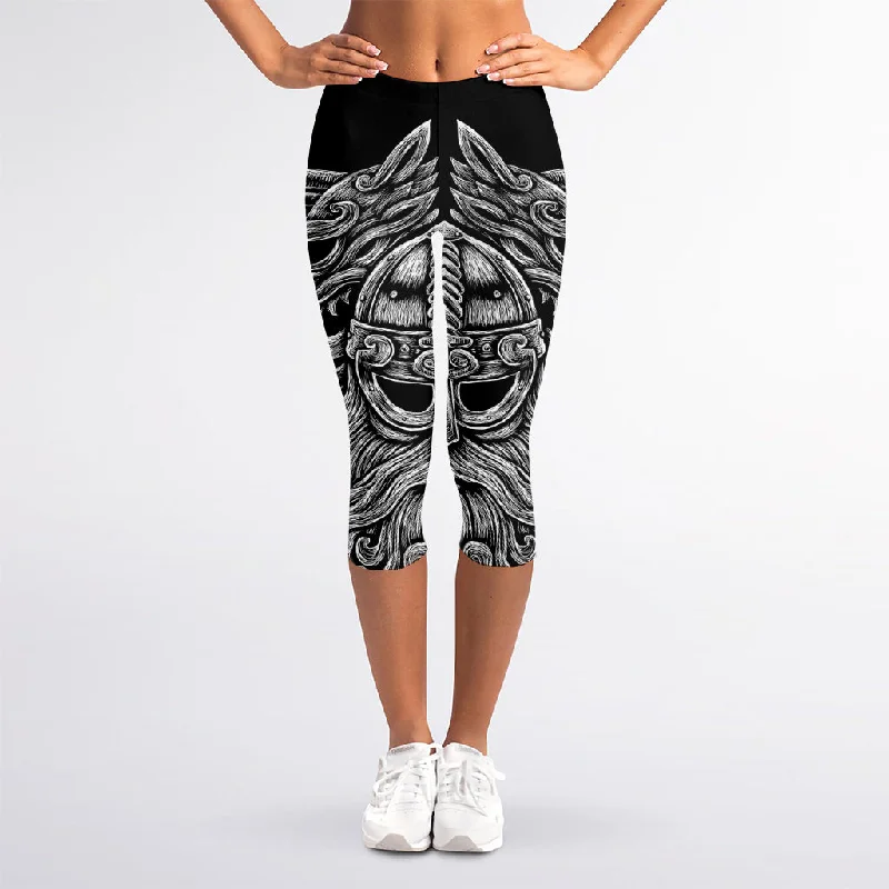 Black And White Odin With Wolfs Print Women's Capri Leggings Fashionable Lacy Detail Leggings Black And White Odin With Wolfs Print Women's Capri Leggings Fashionable Lacy Detail Leggings