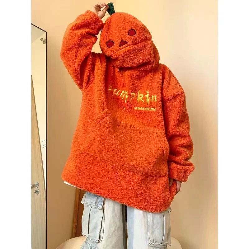 Advbridge American Retro Pumpkin Head Hoodide For Men Women Winter Lamb Plush Orange Sweatshirt Loose Thickened Warm Couple Halloween Gift Hoodie with Relaxed Fit Easy Casual Advbridge American Retro Pumpkin Head Hoodide For Men Women Winter Lamb Plush Orange Sweatshirt Loose Thickened Warm Couple Halloween Gift Hoodie with Relaxed Fit Easy Casual