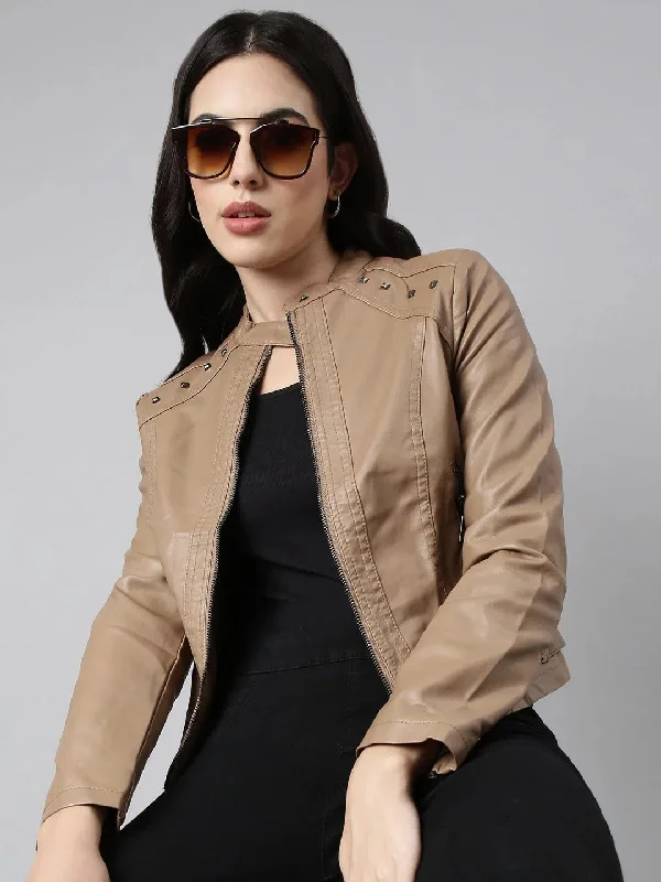 Women Solid Brown Biker Jacket-8862-Brown Collared Jacket Crew Neck Jacket Turtle Neck Jacket Women Solid Brown Biker Jacket-8862-Brown Collared Jacket Crew Neck Jacket Turtle Neck Jacket