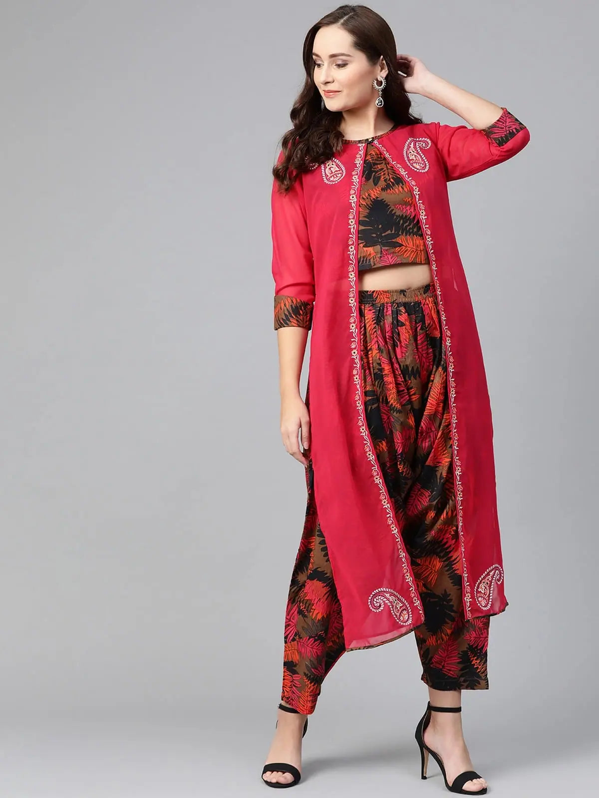Embroidered Jacket With Printed Top And Pants-PKC10079-S One-Shoulder Jacket Off-the-Shoulder Jacket Asymmetrical Jacket Embroidered Jacket With Printed Top And Pants-PKC10079-S One-Shoulder Jacket Off-the-Shoulder Jacket Asymmetrical Jacket