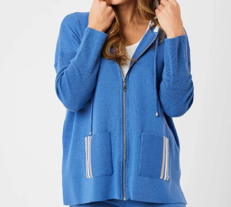 Stripe Detail Zip Up Hoodie In Denim/multi Hoodie with Button Placket Classic Preppy Stripe Detail Zip Up Hoodie In Denim/multi Hoodie with Button Placket Classic Preppy