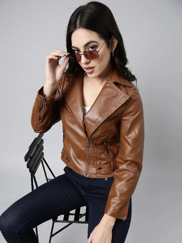 Women Solid Brown Biker Jacket-8806-Brown Striped Jacket Polka Dot Jacket Floral Jacket Women Solid Brown Biker Jacket-8806-Brown Striped Jacket Polka Dot Jacket Floral Jacket