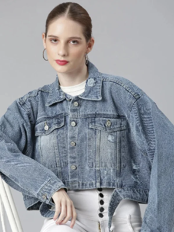 Women Blue Solid Denim Jacket-GZ-5555-Blue Stand-Up Collar Roll-Neck Collar Turtle Neck Women Blue Solid Denim Jacket-GZ-5555-Blue Stand-Up Collar Roll-Neck Collar Turtle Neck