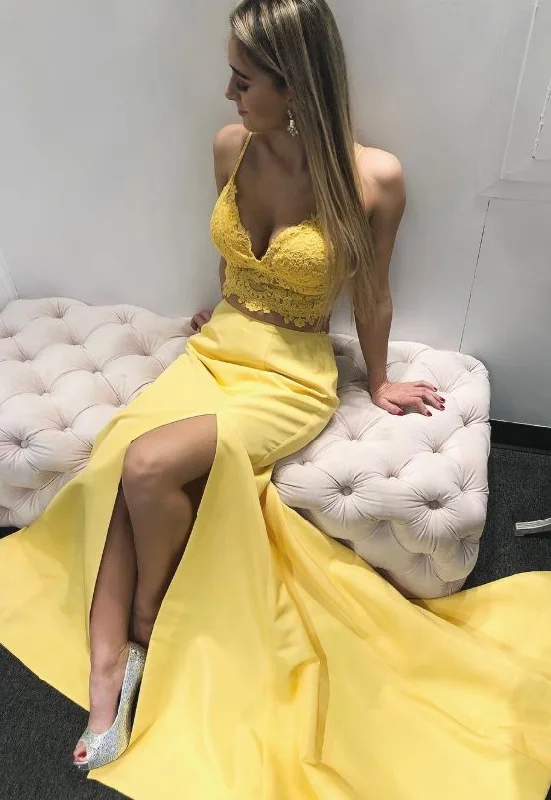 two piece yellow long prom dress, 2019 mermaid prom dress with side slit, princess prom dress, formal evening dress cg1250 two piece yellow long prom dress, 2019 mermaid prom dress with side slit, princess prom dress, formal evening dress cg1250