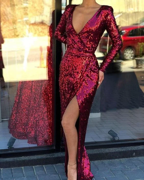Burgundy Long Sleeves Sequin V-Neck Mermaid with Split Evening Dress/Prom Dresses cg1266 Burgundy Long Sleeves Sequin V-Neck Mermaid with Split Evening Dress/Prom Dresses cg1266