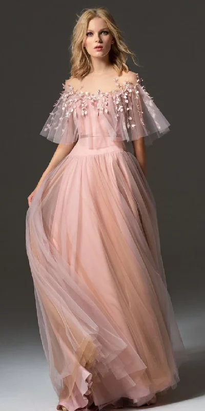 Romantic Tulle Jewel Neckline Bell Sleeves A-line Prom Dress With Handmade Flowers cg1249 Romantic Tulle Jewel Neckline Bell Sleeves A-line Prom Dress With Handmade Flowers cg1249