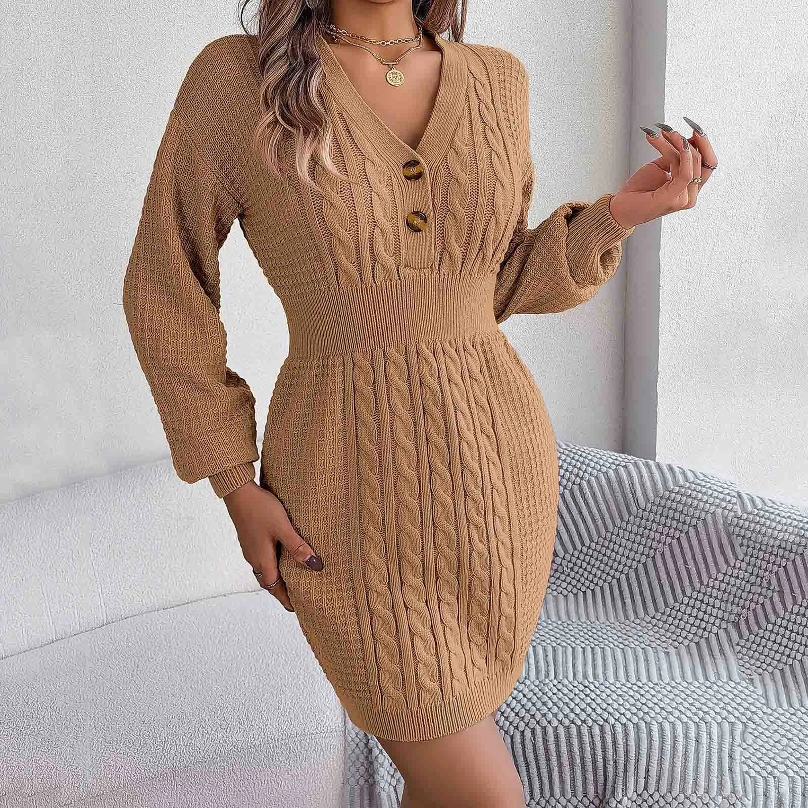 FashionSierra - Long V Neck Button High Elastic Knit Striped Sweater Spring Autumn Dress Welt Pockets Slit Pockets Flap Pockets FashionSierra - Long V Neck Button High Elastic Knit Striped Sweater Spring Autumn Dress Welt Pockets Slit Pockets Flap Pockets