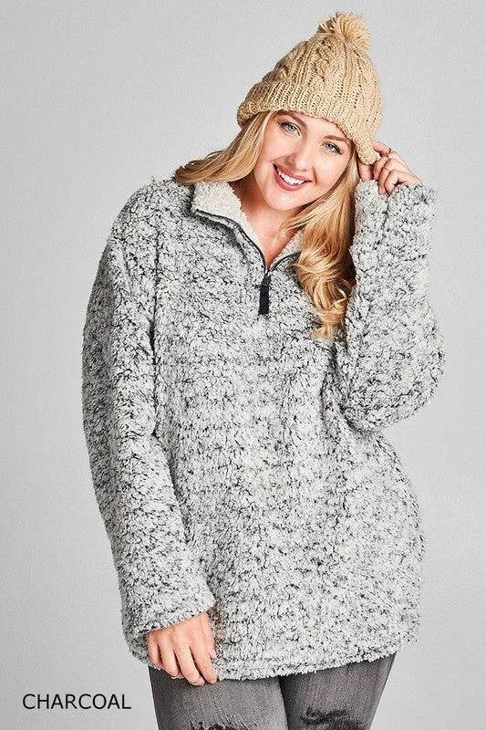 Sherpa Sweater with Zip Up Turtleneck Collar Front Pockets Side Pockets Patch Pockets Sherpa Sweater with Zip Up Turtleneck Collar Front Pockets Side Pockets Patch Pockets