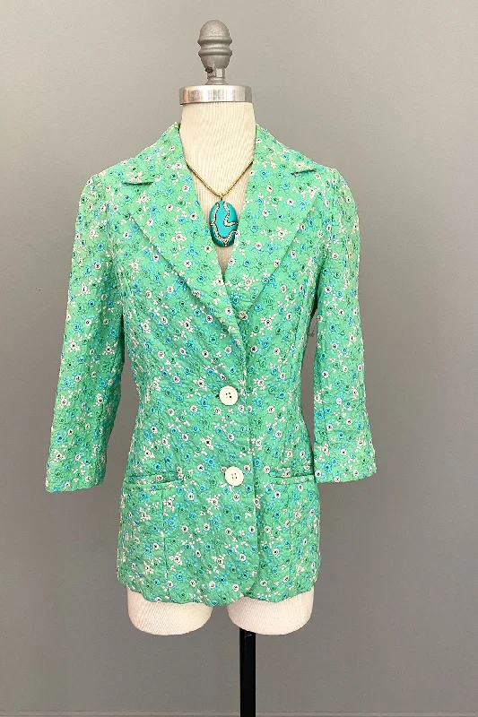 1960s Minty Green with Blue + White Embroidered Eyelet Blazer Jacket