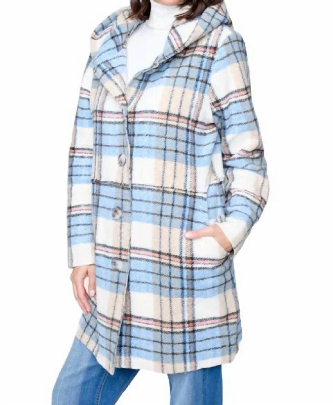 Checkered Hooded Coat In Blue/cream/pink