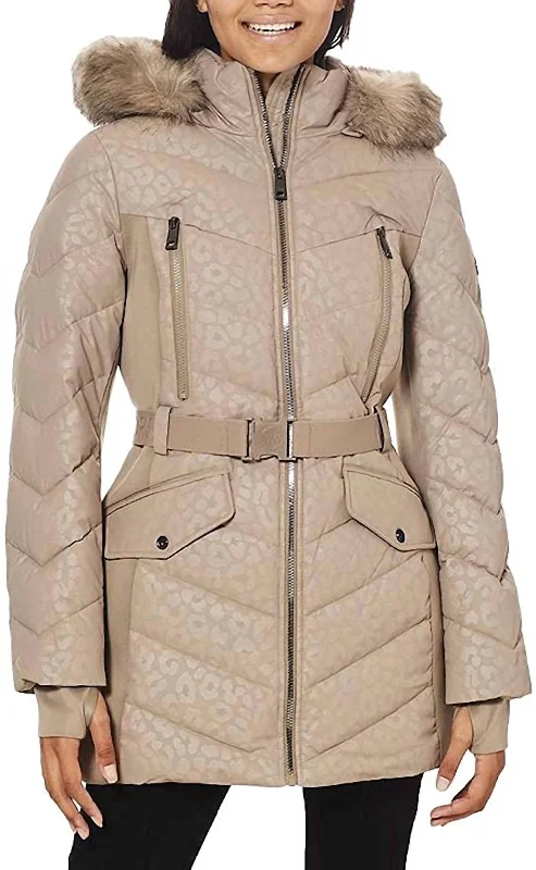 Logo Leopard Belted Hood Puffer Coat In Taupe