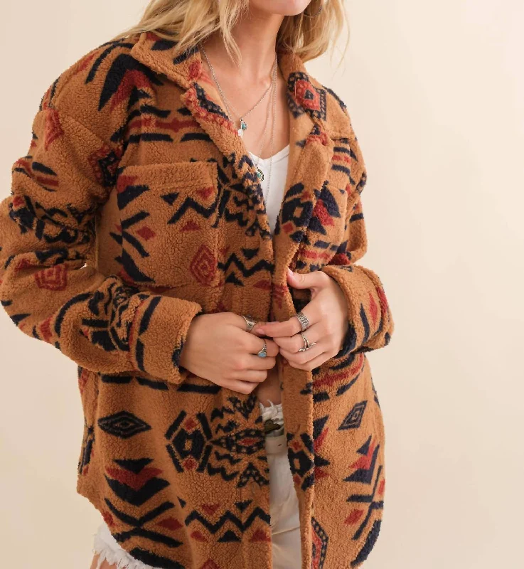 Melody Soft Sherpa Aztec Print Button Up Jacket In Sienna