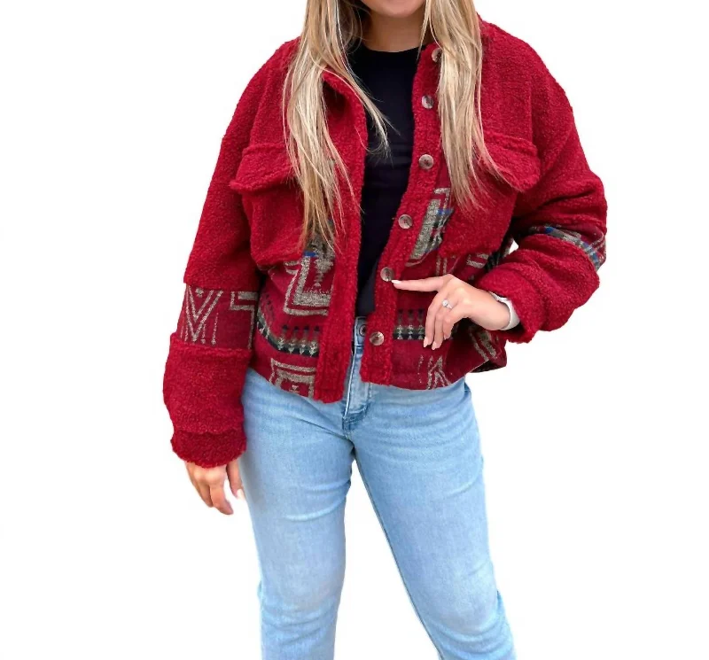 Sara Aztec Sherpa Jacket In Red