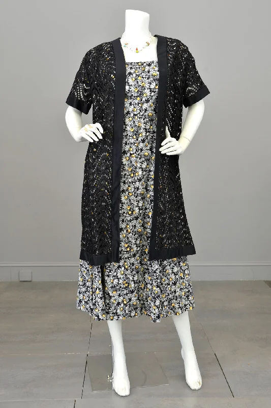 Vintage Black Embroidered Eyelet Short Sleeve Duster