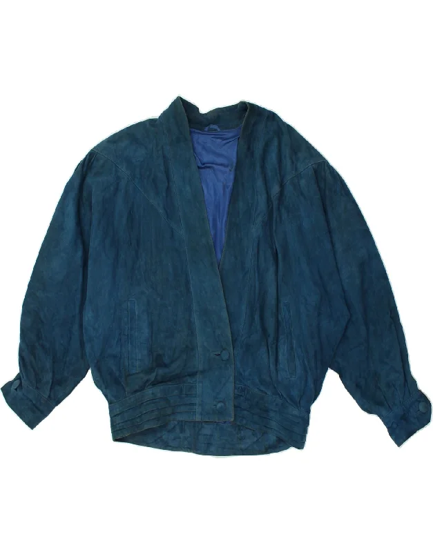 VINTAGE Womens Bomber Suede Jacket IT 42 Medium Blue Suede