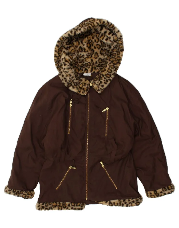 VINTAGE Womens Hooded Parka Jacket UK 14 Medium Brown Animal Print