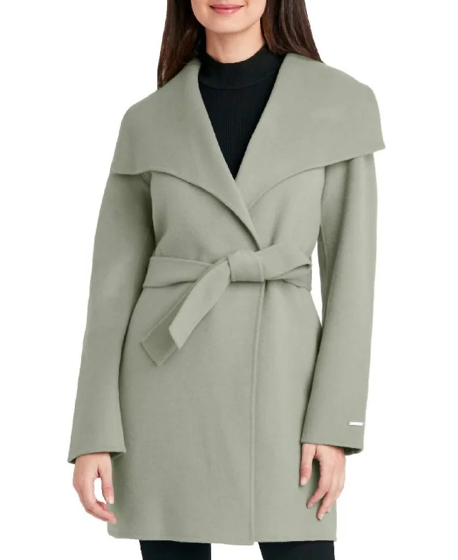 Women Tie Belt Wing Collar Wool Wrap Coat In Sage