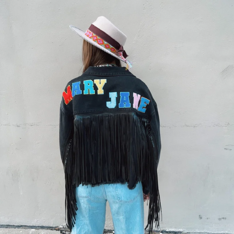 Black Mary Jane Fringe Denim Jacket