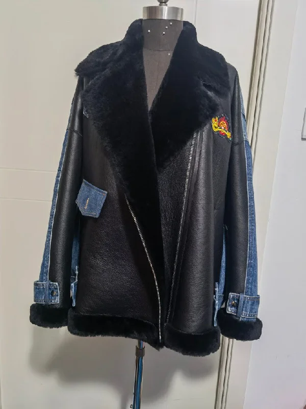 Fur integrated denim motorcycle jacket women's denim down jacket