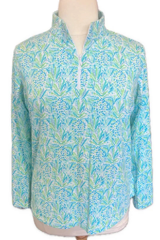 Ibkul Blue and Green Pineapple Print 1/4 Zip Pullover Size XXL