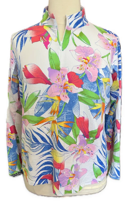 Ibkul White Multicolored Floral 1/4 Zip Pullover Size XXL