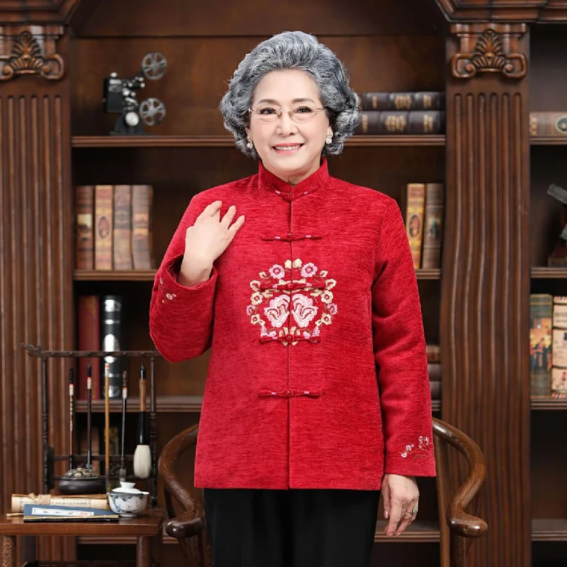 Mandarin Collar Peony Embroidery Corduroy Traditional Chinese Jacket