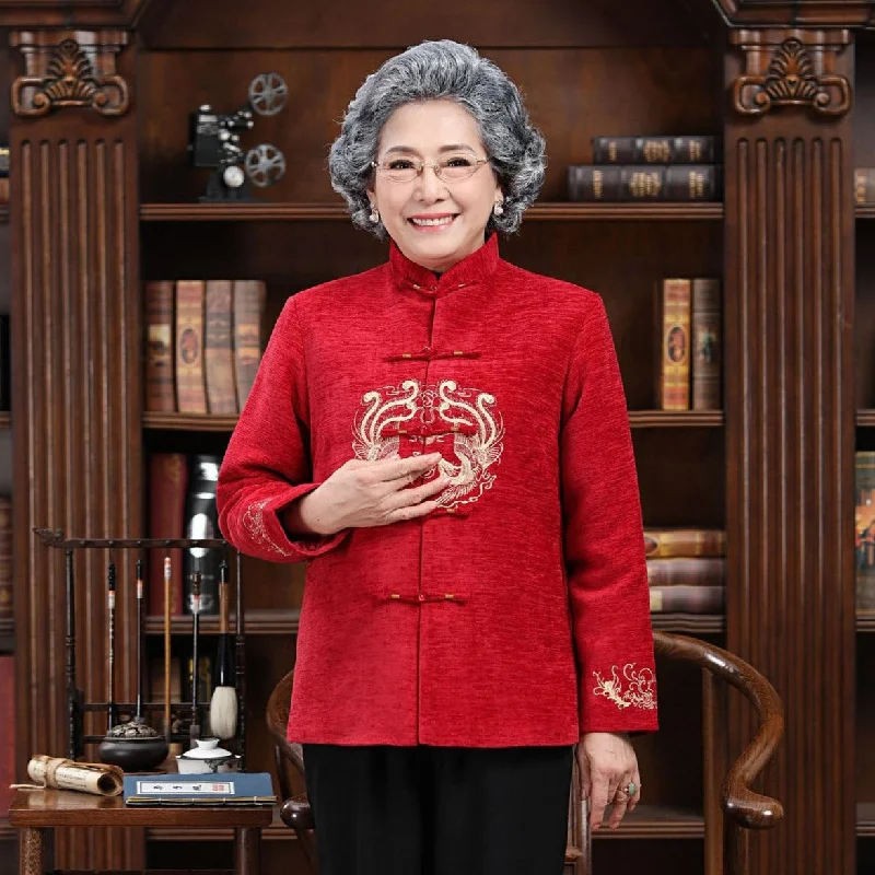 Mandarin Collar Phoenix Embroidery Corduroy Traditional Chinese Jacket Mother Coat