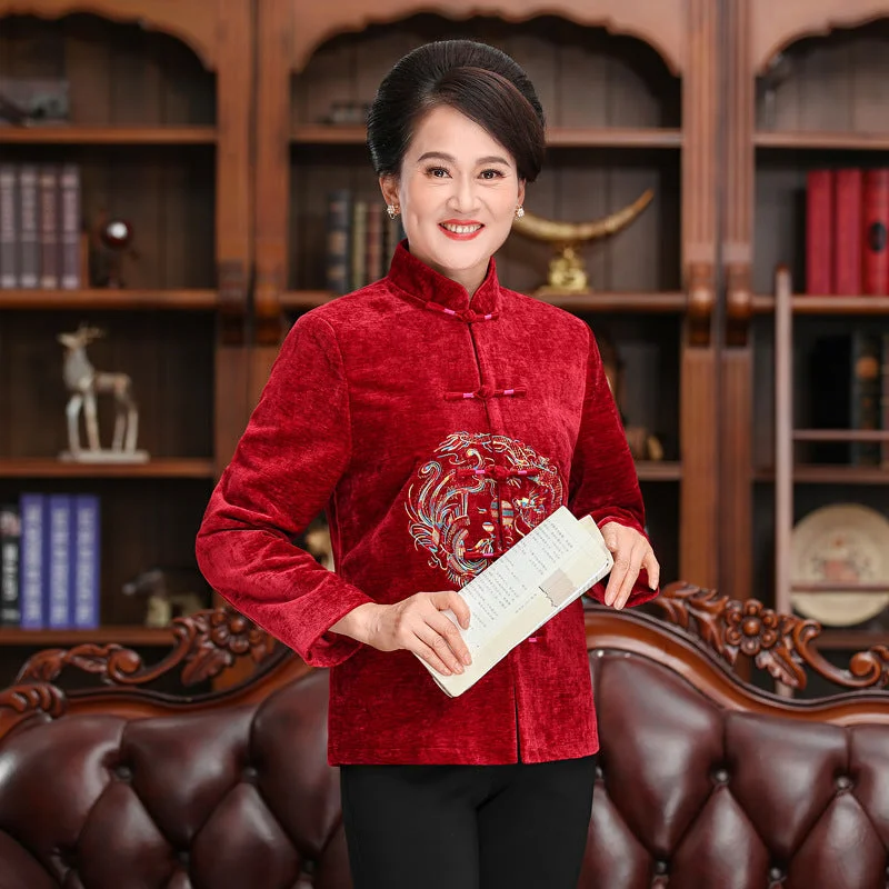 Mandarin Collar Phoenix Embroidery Velvet Traditional Chinese Jacket Mother Coat