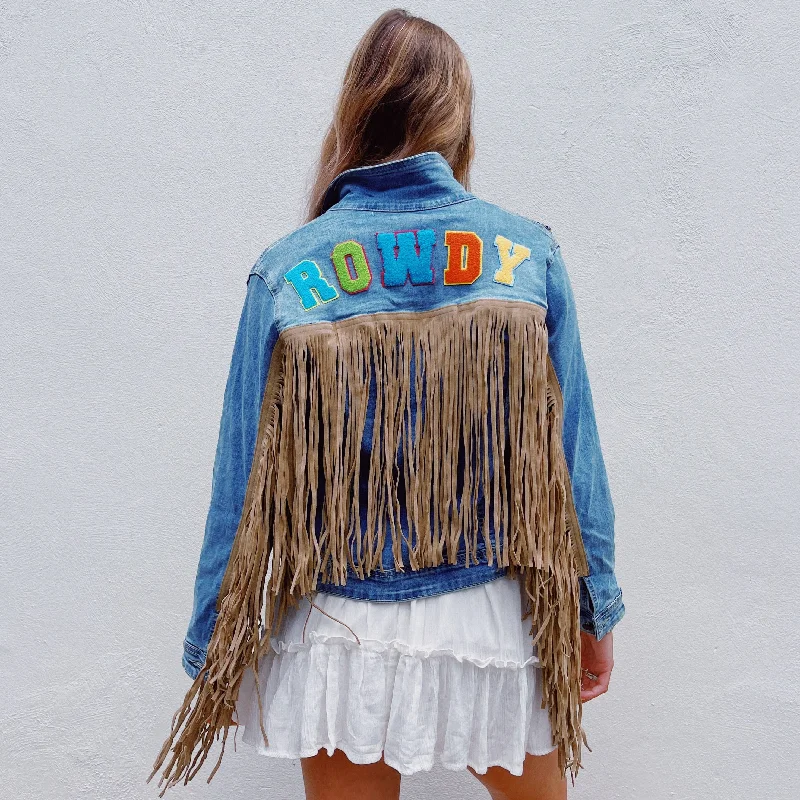 ROWDY Denim Brown Leather Fringe Jacket