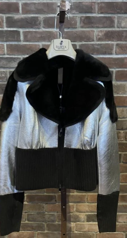 Woman's Metallic Leather and Black Shearling Jacket