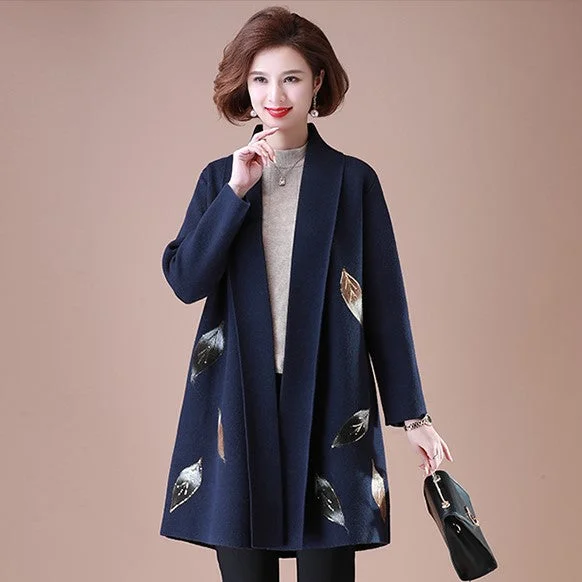 Women's Open Front Oriental Floral Wool Knit Coat