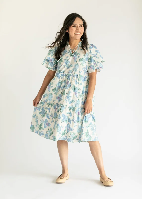 Blue Floral Ruffle Midi Dress - FINAL SALE