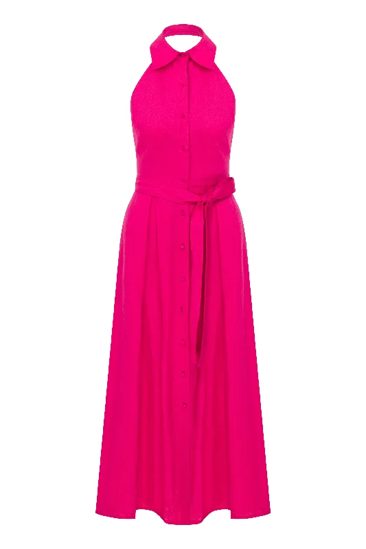 Carrie Linen Midi Dress in Berry Pink