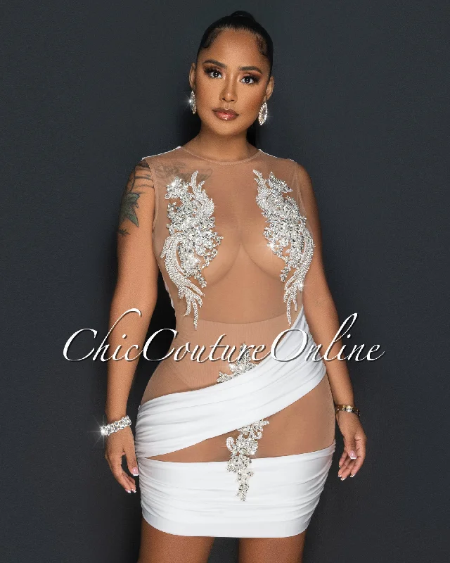 Daigle White Nude Mesh Sheer Rhinestones Mini Dress