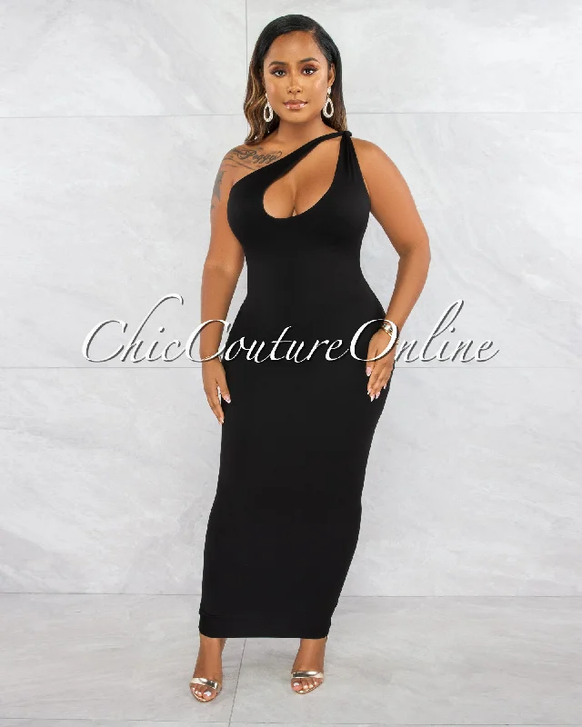 Facundo Black Single Shoulder Cut-Out Double Lined Maxi Dress