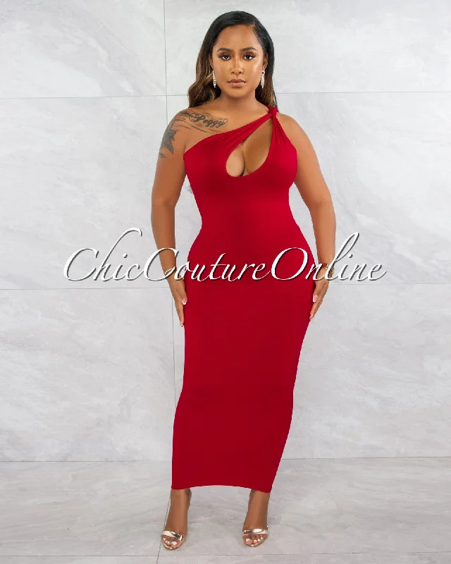 Facundo Red Single Shoulder Cut-Out Double Lined Maxi Dress