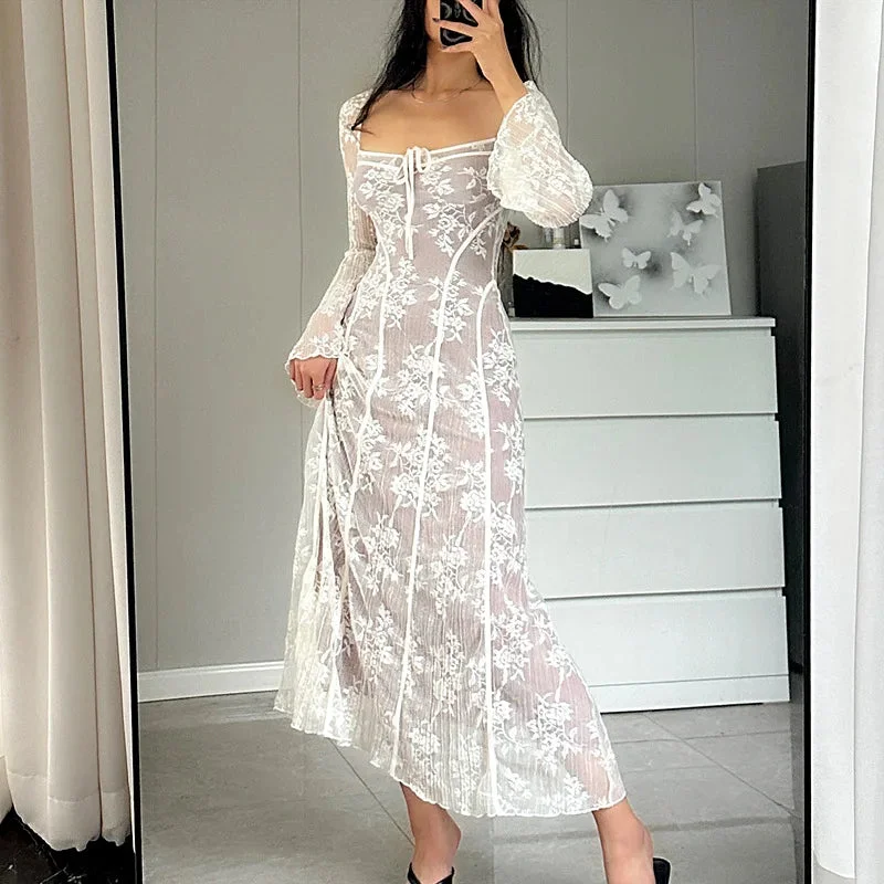 Lunivop Women Y2k Square Neck Lace Dress Tie Up Flare Long Sleeve Maxi Dress Sexy Backless Cocktail Long Dress Fairy Partywear