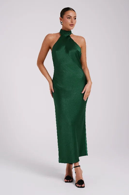 Paulette Satin Midi Dress With Bow - Emerald