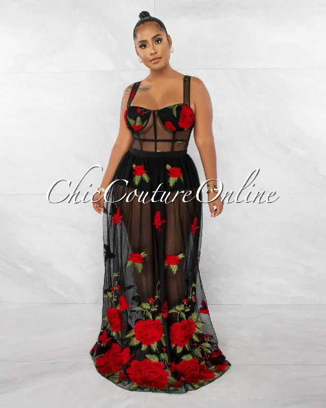 Peronie Black Red Roses Embroidery Mesh Maxi Dress