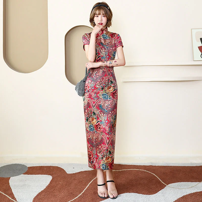 Traditional Cheongsam Full Length Floral Silk Chinese Dress