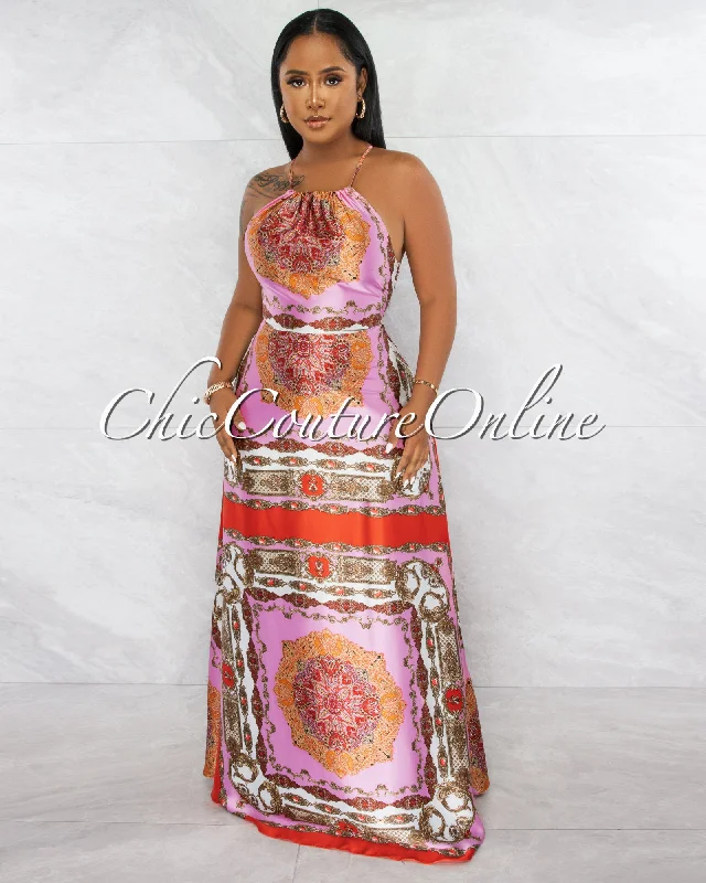 Unice Pink Orange Print Halter Maxi Silky Dress