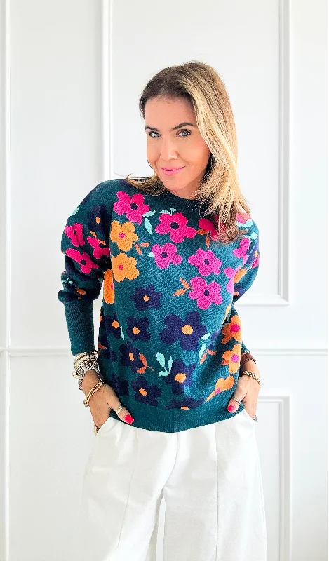 Floral Print Ribbed Knit Sweater