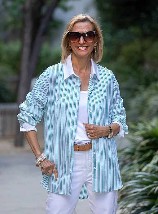 Green White Stripe Shirt With White Collar And Cuffs