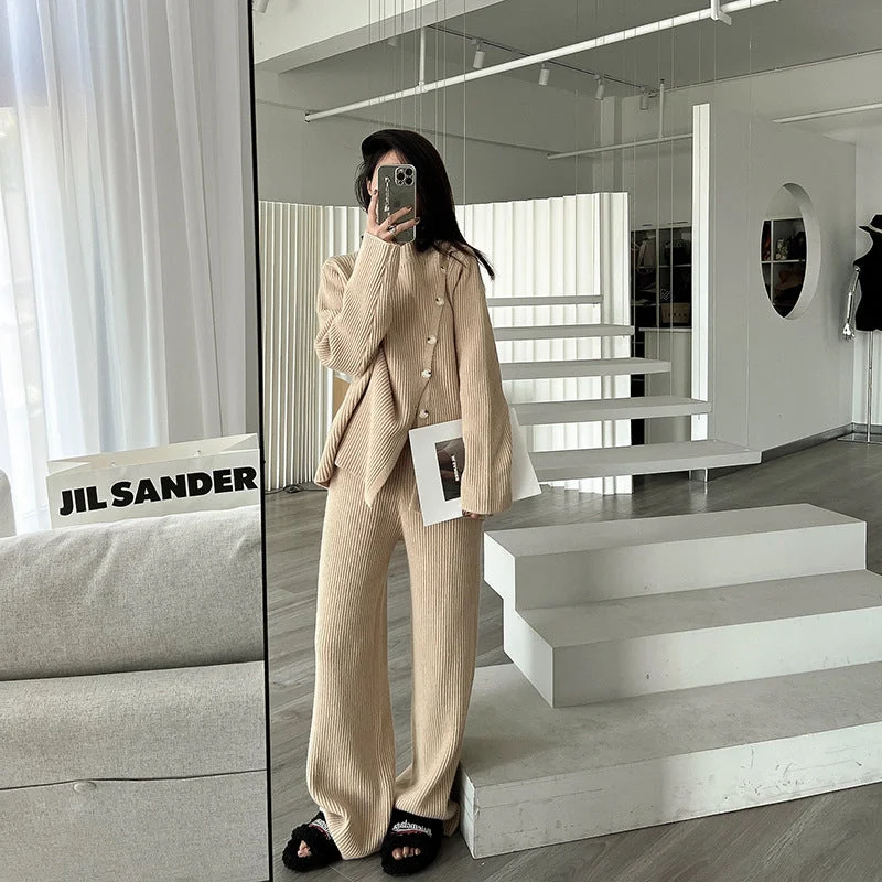 Half-turtle collar knitted sweater wide-leg pants two-piece set for women autumn and winter 2023 new casual petite suit