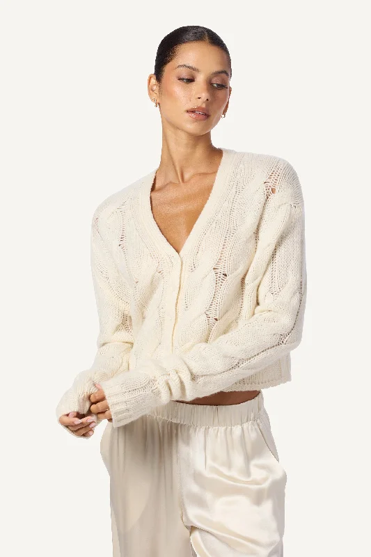 JOLIE V-NECK CROPPED CABLE CASHMERE CARDIGAN   | GARDENIA