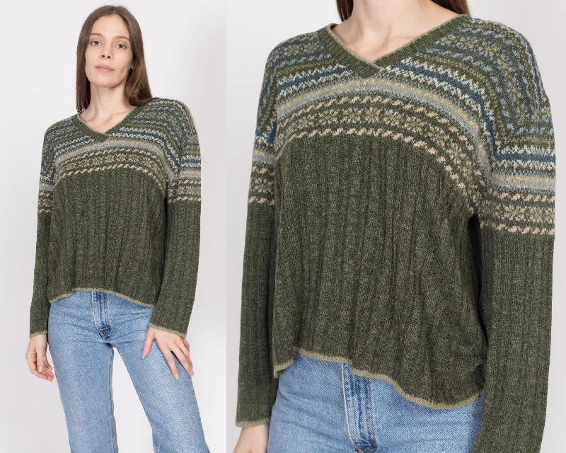 Large 90s Boho Sage Green Striped Knit Cropped Sweater