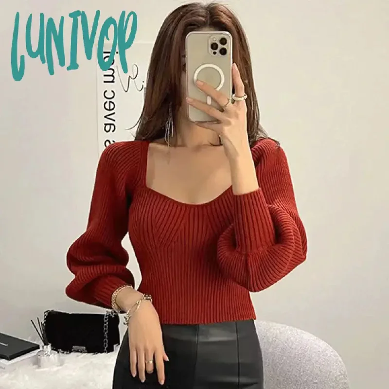 Lunivop Green Square Collar Knitted Sweater Women Autumn Winter Slim Fit Lantern Long Sleeve Knitwear Elegant Short Jumper